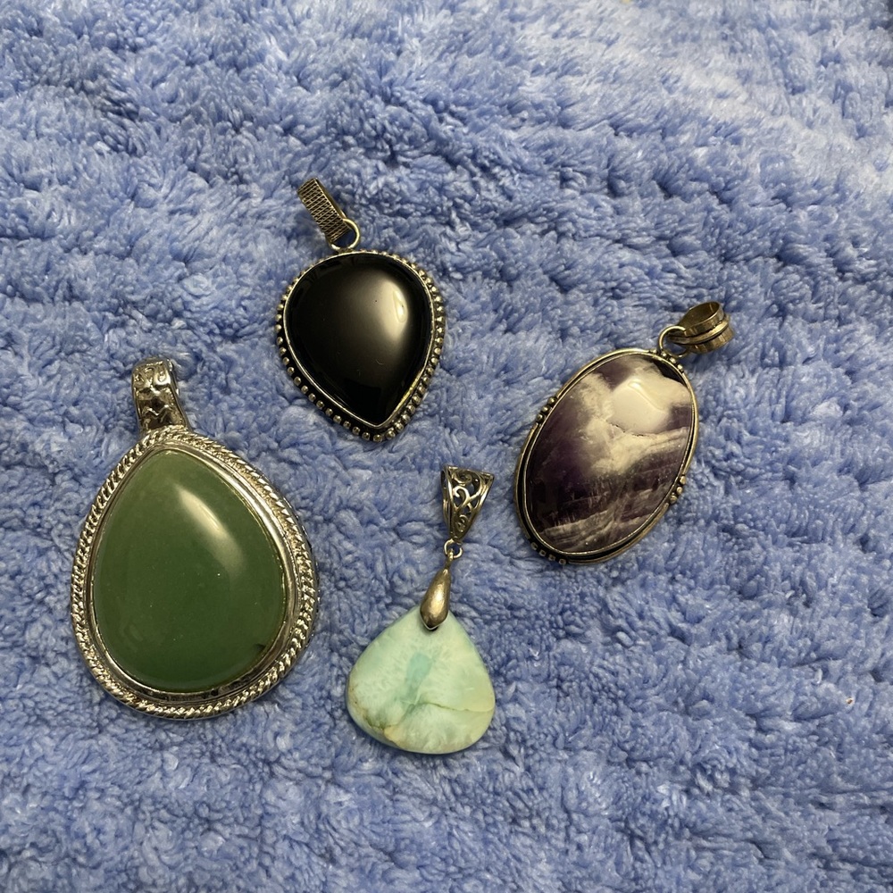4 crystal pendants Larimar, chevron amethyst, green aventurine, and black onyx